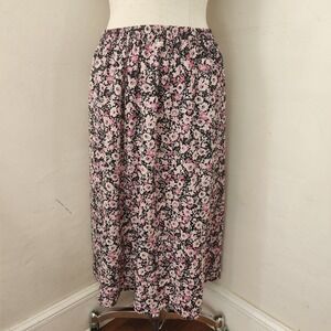 Blair Pink‎ Black Floral Midi Skirt Elastic Waist Womens Large JSKC7B